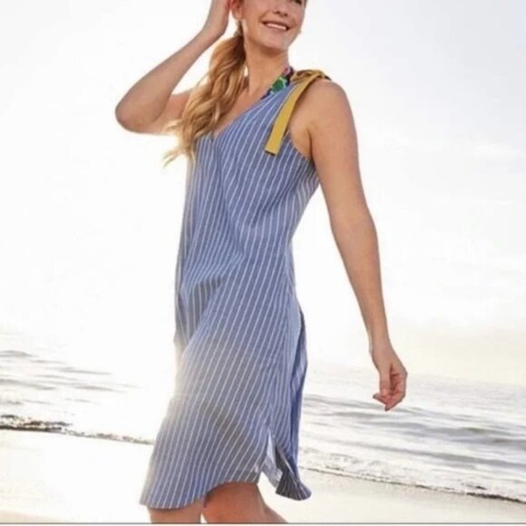 Matilda Jane Blue Striped Yellow Tied Strap Shift Midi Dress Coverup Sz XS - Picture 1 of 10